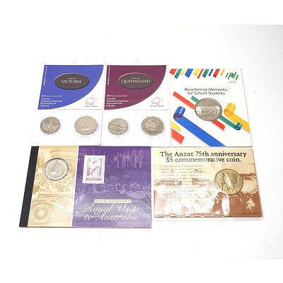 Five Uncirculated Coin and medallion Sets, Including $5 Anzac 75th Anniversary, 2001 Coins of Queensland, Bicentennial Memento and More