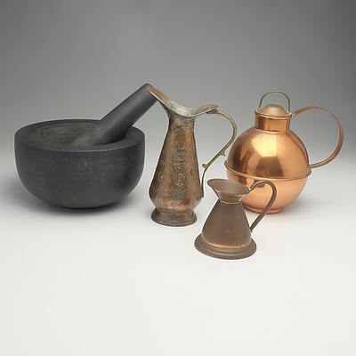 Three Copper Jugs and a Stone Mortar and Pestle