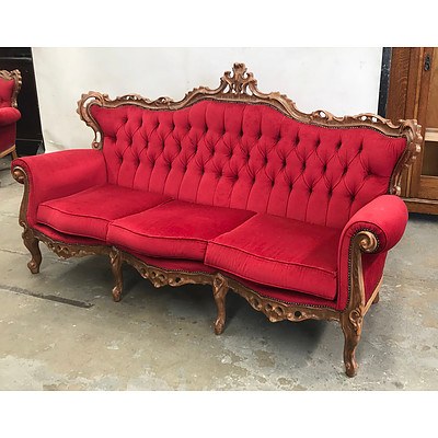 Fabulous Louis Style Heavily Carved Salon Suite with Red Velvet Upholstery