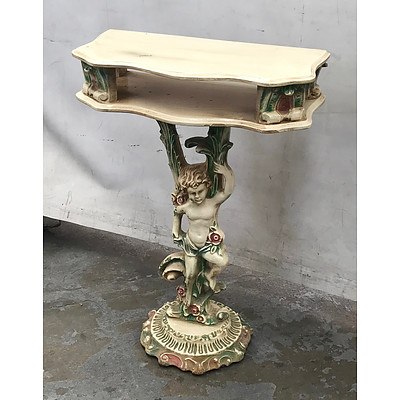 Vintage Polychrome Decorated Carved Wood Cupid Pedestal Hall Table and Matching Mirror
