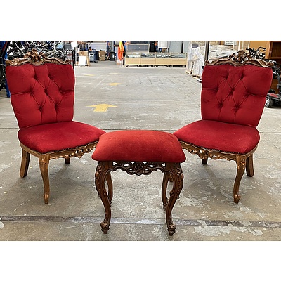 Fabulous Louis Style Heavily Carved Salon Suite with Red Velvet Upholstery