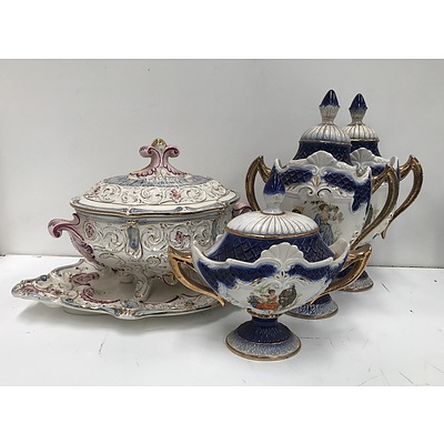 Large Capodimonte Tureen and Underdish and 3 Graduated Capodimonte Style Urns and Covers