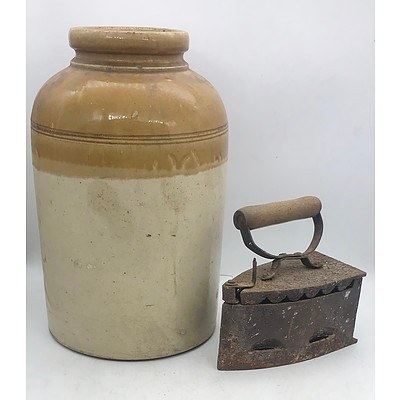 Antique Stoneware Jar and An Antique Iron