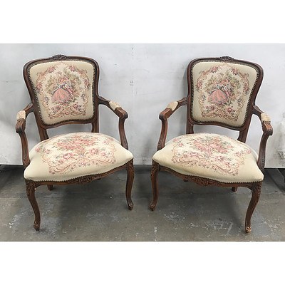 Vintage Louis Style Tapestry Upholstered Salon Suite Comprising A Small Settee and Two Matching Armchairs