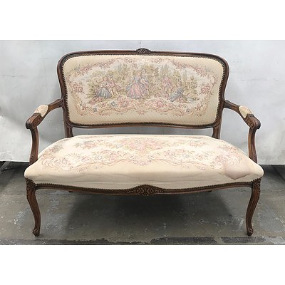 Vintage Louis Style Tapestry Upholstered Salon Suite Comprising A Small Settee and Two Matching Armchairs