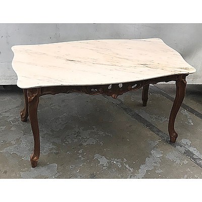Vintage Louis Style Carved Wood and Marble Top Coffee Table