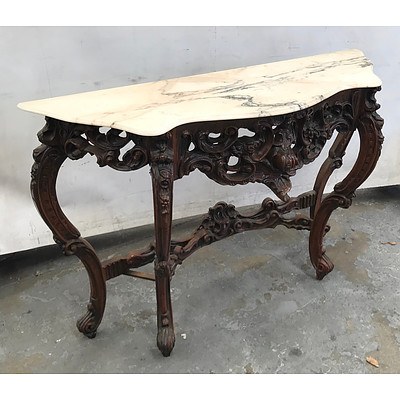 Large Vintage Rococo Style Carved Wood and Marble Top Console Table