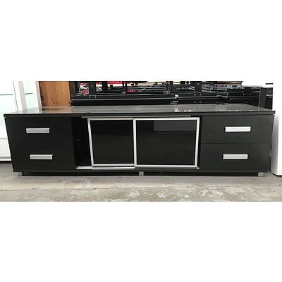 Black Modern Entertainment Unit with Detachable Glass Top and Front Sliding Doors
