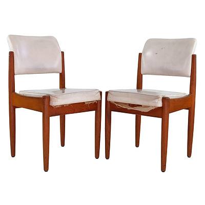 Four Retro Teak and White Vinyl Upholstered Dining Chairs, 1972