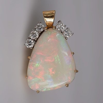 14ct Yellow and White Gold Pendant with Free Form White Opal Cabochon with Good 'Play of Colour' with Five Round Brilliant Cut Diamonds