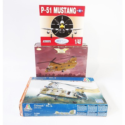 A Quantity of Three Scale Models Including 1:48 Scale Die Cast Metal Mustang and a 1:72 Scale Die cast Metal Chinook Helicopter by Corgi