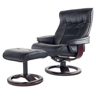 Moran Black Leather Upholstered Recliner Armchair and Footstool - Made in Norway