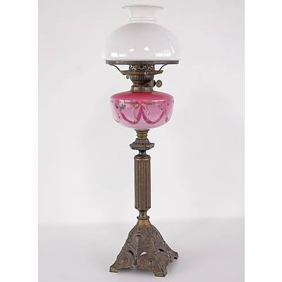 Late Victorian Banquet Lamp with Enamel Decorated Peachbloom Glass Font, Duplex Burner and Opal Glass Shade, Circa 1880