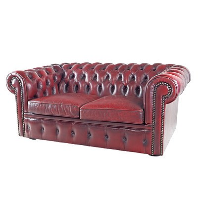 Moran Deep Buttoned Oxblood Leather Two Seater Chesterfield Sofa