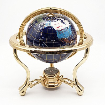 World Globe with Semi Precious Stone Inlay on Tripod Stand with Compass