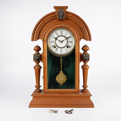 Vintage Oak Cased Mantle Clock with Brass Lions Heads to Columns, Pendulum and Key