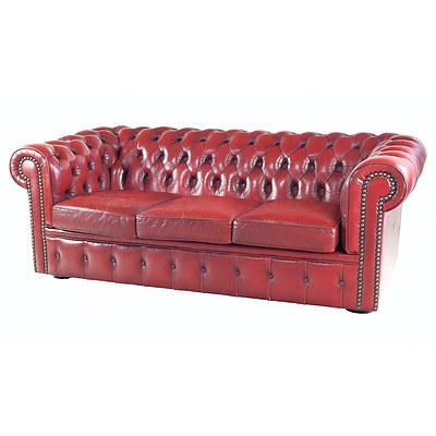 Moran Deep Buttoned Red Leather Chesterfield Three Seater Sofa (Second of a Pair)