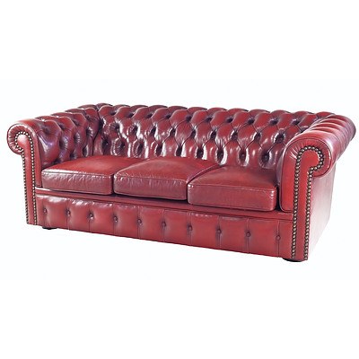 Moran Deep Buttoned Red Leather Chesterfield Three Seater Sofa (First of a Pair)