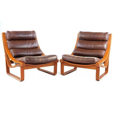 Pair of Tessa T4 Brown Leather Upholstered Armchairs, Designed by Fred Lowen
