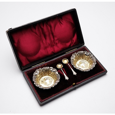 Pair of Boxed Heavily Repousse Silver Gilt Open Salts, 24g