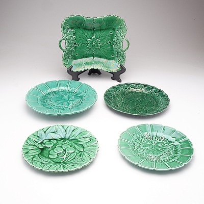 Five Vintage Majolica Plates, Including One French Example with Cabbage Leaf Pattern