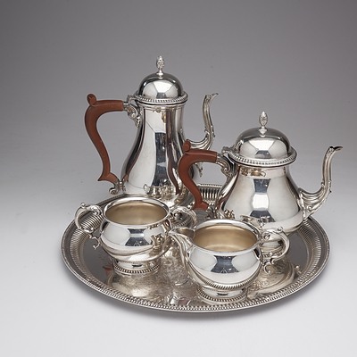 Vintage English Barker Ellis Silver Plate Service, Including Coffeepot, Teapot, Creamer Jug, Sugar Dish and Serving Tray