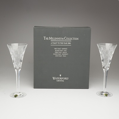 Pair of Boxed Waterford Crystal Champagne Glasses, The Millenium Collection, A Toast to the Year 2000