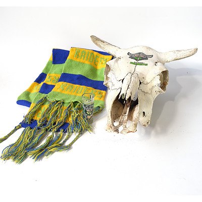 Raiders Scarf, Shot Glass and Painted Cows Skull