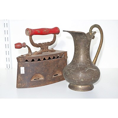 Antique Cast Iron Coal Iron and an Engraved Brass Jug