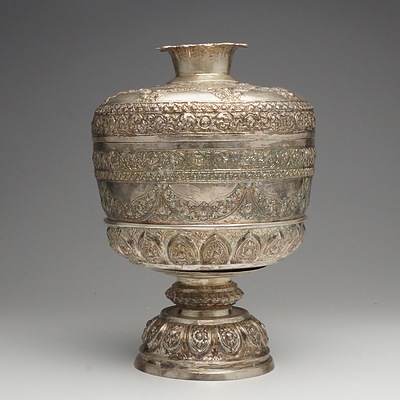 Burmese Roupousse Silver Alloy Compartmentalized Footed Box