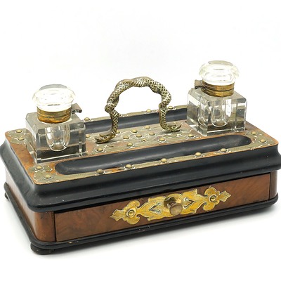Vintage Brass Mounted Desk Tidy, with Twisted Serpent from Handle and Two Glass Inkwells