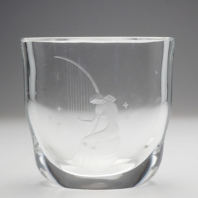 Heavy Orrefors Crystal Vase with Etched Woman Playing a Harp, P 2933