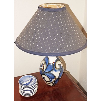 Danish Herman Kahler Pottery Vase Converted to a Lamp and Six Danish Blue and White Pin Dishes