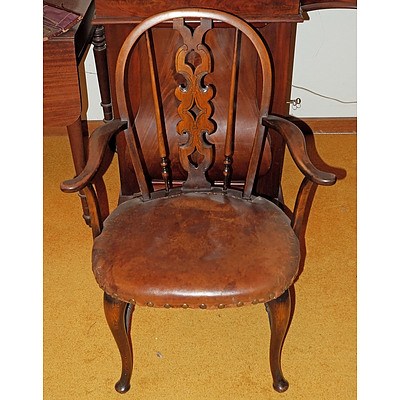 Antique English Beech and Leather Upholstered Windsor Chair