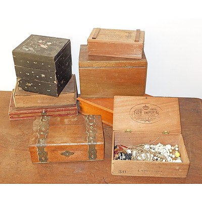 Various Antique and Vintage Boxes, Including Oriental Black Lacquer Stacking Box