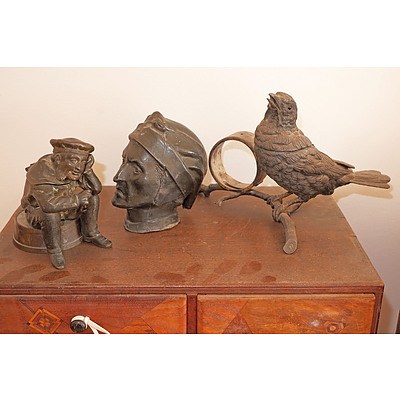 Antique Spelter and Bronze Inkwells and a Spelter Bust Paperweight