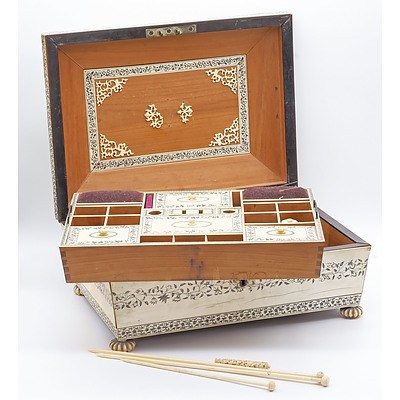 Impressive Anglo Indian Vizagapatam Ivory Embellished Sewing Box, Early to Mid 19th Century
