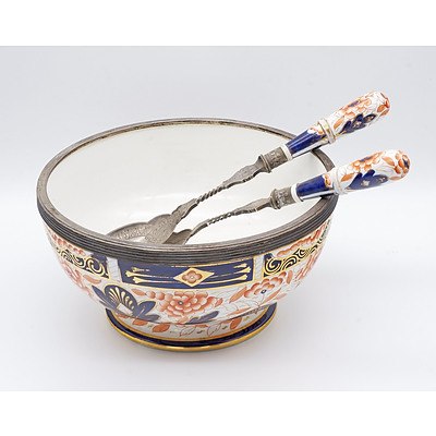 Victorian Imari Ware Salad Bowl and Servers with Silver Plated Mounts