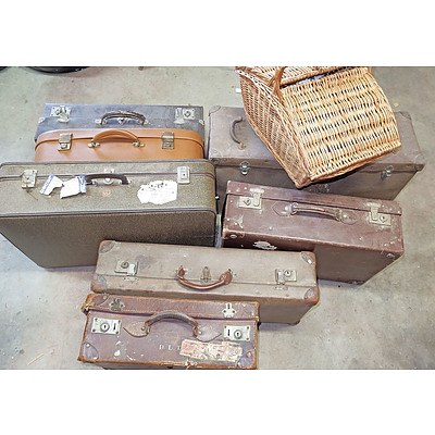 Selection of Vintage Suitcases and a Cane Hamper