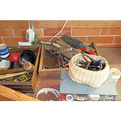 Antique Oak Box With Various Antique Tools