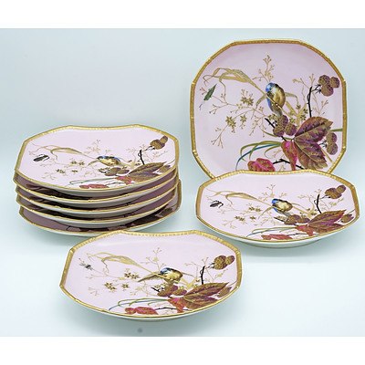 Eight Victorian Porcelain Fruit Plates Lavishly Hand Painted on a Pink Ground Matching Lot 17