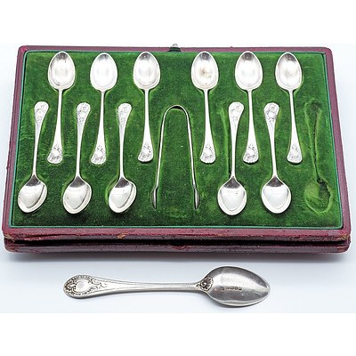 Eleven Late Victorian Sterling Silver Teaspoons and a Pair of Tongs, Sheffield, James Dixon & Sons Ltd, 1896