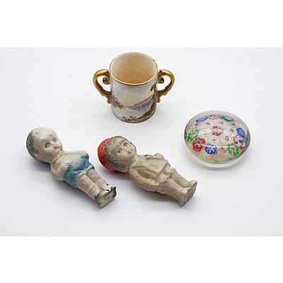 Coalport Miniature Loving Cup, Millefiori Paperweight and Two Miniature Bisque Dolls 