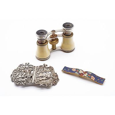 Hallmarked English Sterling Silver Belt Buckle, Another Enamelled Brass Buckle and a Pair of French Opera Glasses 