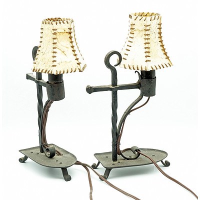 Pair Arts and Craft Wrought Iron Table Lamps with Vellum Shades