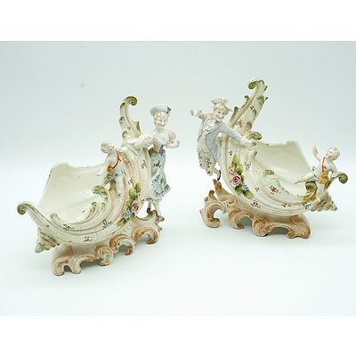 Pair of Continental Bisque Porcelain Figural Shell Form Mantle Vases, Circa 1900