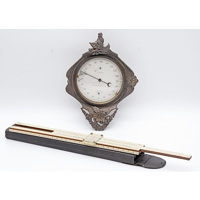 Victorian Spelter Cased Thermometer Dated 1886 and a Thornton Slide Rule
