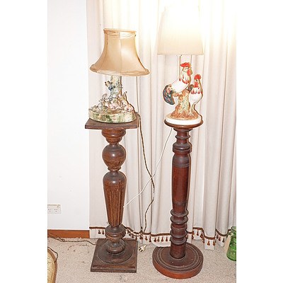 Two Antique Pedestals with Vintage Ceramic Lamps