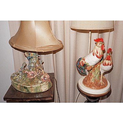 Two Antique Pedestals with Vintage Ceramic Lamps