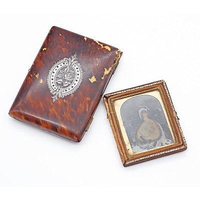 Victorian Tortoiseshell and Silver Inlaid Card Case and a Miniature Ambrotype Portrait